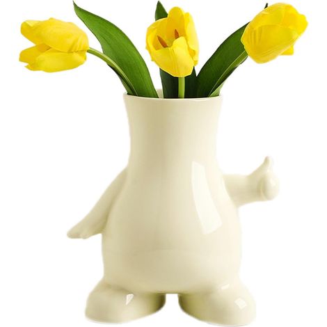 Petit Vase à Fleurs, Vase en Forme de Corps Humain, Vase Céramique Crème Blanc Moderne Créatif Amusant pour Arrangement Floral Maison et Le Bureau Intérieure Décoration 20x18cm (Pouce Levé) (1/5)