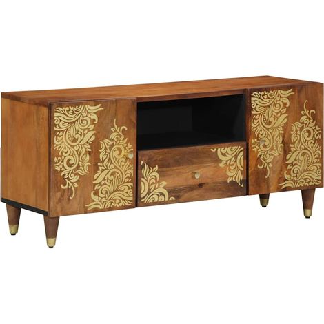 Meuble TV minimaliste moderne usage intérieur 105 x 33 x 46 cm en bois de mangue massif marron miel