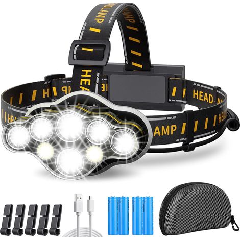 Lampe Frontale,Torche Frontale 18000 Lumens 8 LED 8 Modes d'éclairage,Lampe Frontale LED Ultra Puissante Rechargeable USB 90° Réglable Étanche et Léger Pour Pêche,Camping,Lecture,Randonnée (1/5)