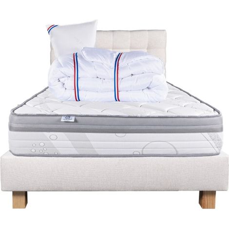 Ensemble Matelas Relaxation, 26 cm, ressorts ensachés, ferme, face été/hiver+sommier beige ep20cm+oreiller+couette+Tête de Lit, 90x190cm (1/5)