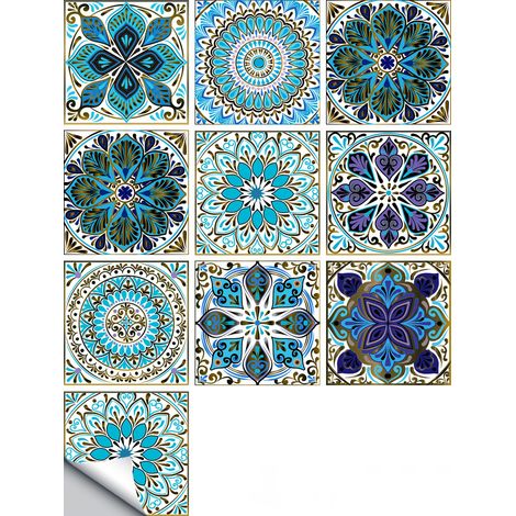 BEBUSINGOTO Fliesenaufkleber, 15 x 15 cm, marokkanischer Stil, Wandfliesenaufkleber aus Zement, wasserfest, selbstklebend, 20 Stück (blau) (1/4)
