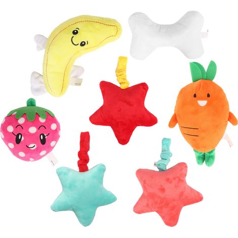 Lot de 7 jouets en peluche pour chien avec sifflet et anneau en papier à mâcher, jouets couineurs, assortiment de modèles pour le nettoyage des dents. (1/5)