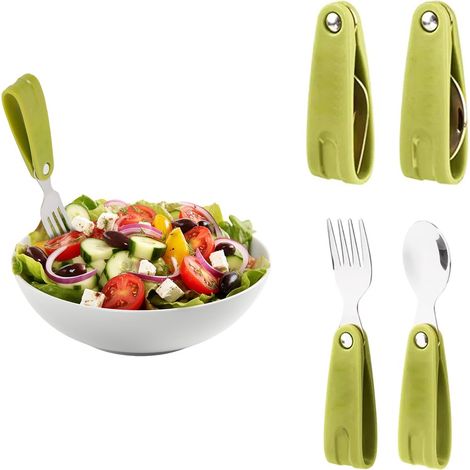 Set de couverts fourchette et cuillère en acier inoxydable avec poignée verte en caoutchouc pliable – Set portable avec étui de protection pratique – résistants et lavables au lave-vaisselle (1/5)