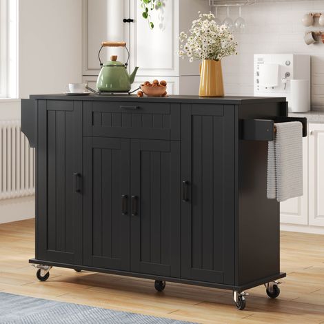 Kücheninsel mit klappbarer Arbeitsplatte,Küchenwagen auf Rollen, Küchenschrank mit 4 Türen und 1 Schublade, integrierten Gewürzregalen in den Türen, doppelseitigen Handtuchhaltern,schwaz120×45(70)×95 (1/5)