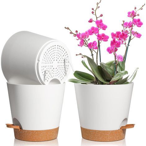 TAISHENGDA-3 macetas de plástico de 20 cm, color blanco, autorriego con platillo con sistema de riego, maceta perezosa adecuada para interior y exterior, balcón, jardín (1/5)
