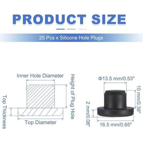 Lot de 25 bouchons en silicone en forme de T, diamètre 13,5 mm, bouchons élastiques étanches en silicone réutilisables, bouchons solides à trou rond pour tuyaux, noir (1/4)