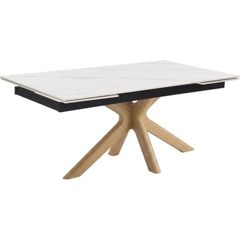 Table extensible 180 à 260 cm en céramique blanc marbré pied croisé bois clair - NEVADA 12