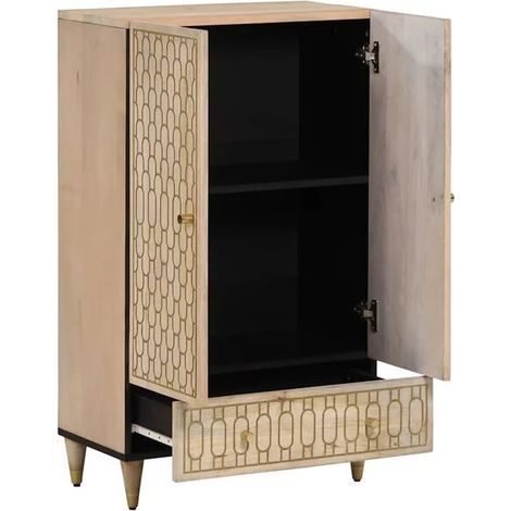 Buffet de Salle à Manger en Bois Massif de Manguier 60x33x100 cm, Meuble de Rangement Compact avec Étagères pour Cuisine et Salon (1/5)