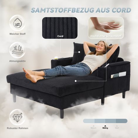 Salon multifonctionnel en velours côtelé avec chaise longue. Équipé de LED,porte-gobelets,poches,rangement et port USB,pieds robustes.