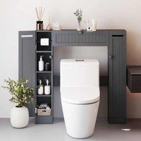 2 étagères réglables armoire WC sur pied, rangement salle de bain gain de place, porte-papier toilette, gris (1/5)