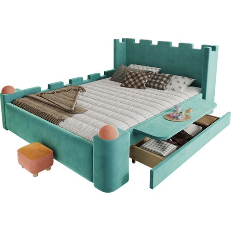 Lit Enfant Rembourré 140 x 200 cm avec Tablette Rabattable et Tiroir de Rangement, sans Matelas, Bleu-Vert (1/5)