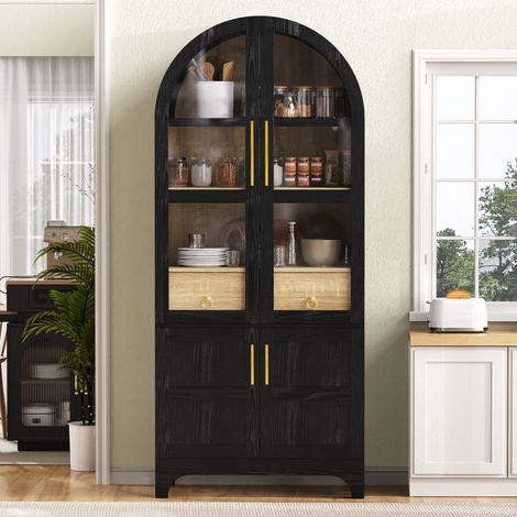 Buffet Haut Vaisselier Noir de Cuisine 180cm, Armoire de Rangement avec Portes en Verre Cannelé, Étagères Réglables et Tiroir pour Salon (1/5)