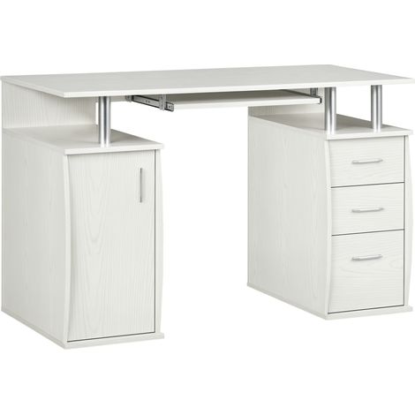 Bureau d'ordinateur - HOMCOM - plateau pour clavier, 3 tiroirs, support pour unité centrale - bois - 120 x 55 x 75 cm - blanc (1/5)
