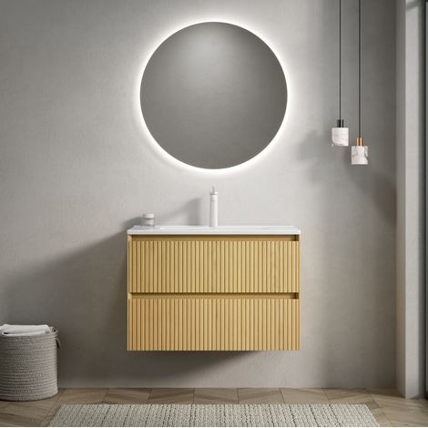 Mueble lavabo de baño suspendido, lavabo cerámico integrado, 2 cajones, madera maciza, blanco y roble dorado (1/5)