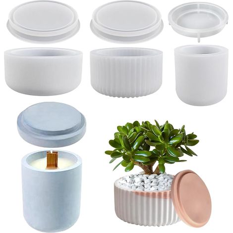 Lot de 3 moules de moulage en silicone, moule rond pour bougeoir avec couvercle, moule en silicone pour bol pour moules de moulage en béton, moule en silicone pour vase rayé pour pots de fleurs (1/5)