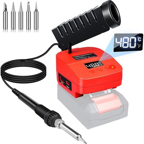 de fer à Souder sans fil Compatible Avec Batterie PXC 18V, de Soudure Portable Avec écran LCD,Conversion de Température C°/F°, Port USB &Type-C pour Bricolage, Réparation D'appareils, Red (1/5)