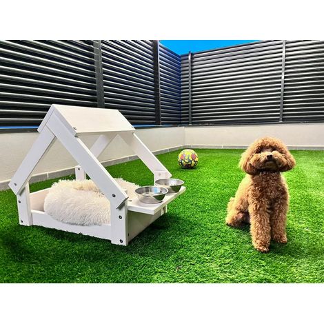 Niche d'intérieur/extérieur pour Chien  76x44x55cm  Couleur Blanche  Lit en Bois Naturel pour Chiens et Chats Petits et Moyens  Maison pour Animaux  2 Supports pour gamelles. (1/3)
