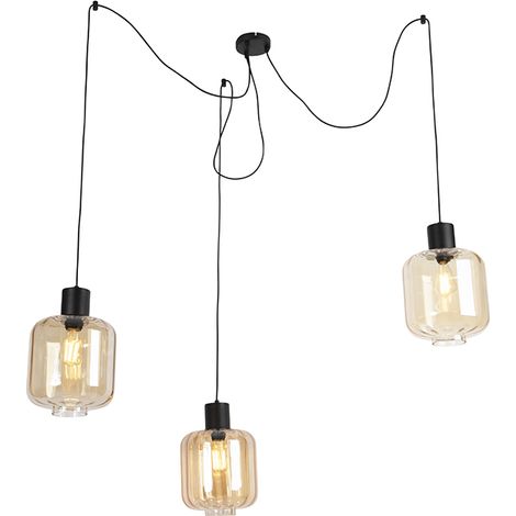 Design Pendant Light Black with Amber Glass 3-Light 226 cm - Qara