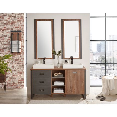 Badezimmer Doppelwaschtisch DALLAS-61 in Stirling Oak Nb. mit Absetzungen in Matera anthrazit, B/H/T: ca. 138/205/40 cm (1/5)