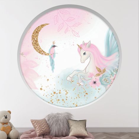 Stickers Trompe l'oeil Arche ronde Enfants - Licorne - Diamètre 40 cm (1/4)