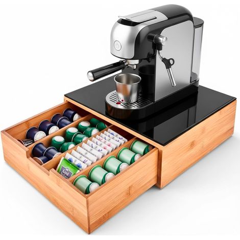 Porta Cialde In Bambù Con Cassetto 4 Scomparti R Ripiano in Vetro Organizer Capsule Caffè Cialde Bustine Tè Tisane Zucchero Design Elegante per Cucina e Ufficio 30 x 30 x 10 Cm Marrone