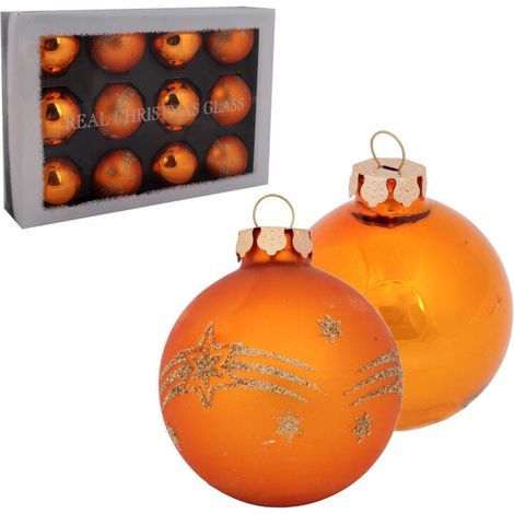 Ensemble de 12 boules de Noël en verre orange décorées, de couleurs assorties (1/5)