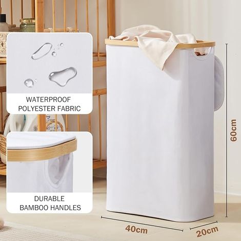 Laundry Basket with Lid Narrow with Bag for Biancheria Foldable Bamboo Wood White (1/4)