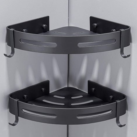 GENERIC-Lot de 2 Etagère Douche d'angle sans Perçage Rangement Salle de Bain Douche Accessoire Salle de Bain Support Porte Savon Douche Aucun Antirouille en Aluminium Avec Crochets Noir (1/3)