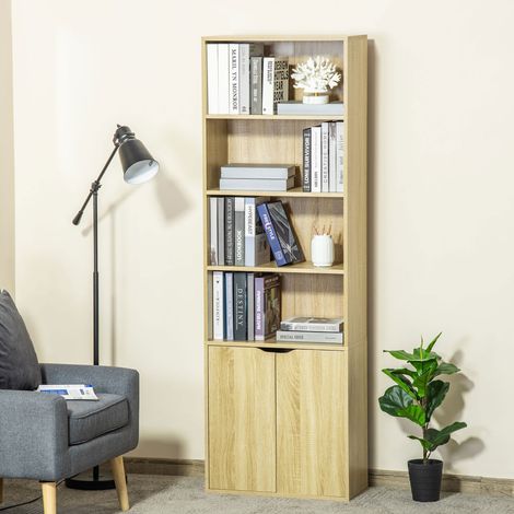 Estantería Librería Armario de Libros con 4 Compartimentos Abiertos y 2 Puertas para Salón Oficina 59x29x180 cm Natural (1/5)