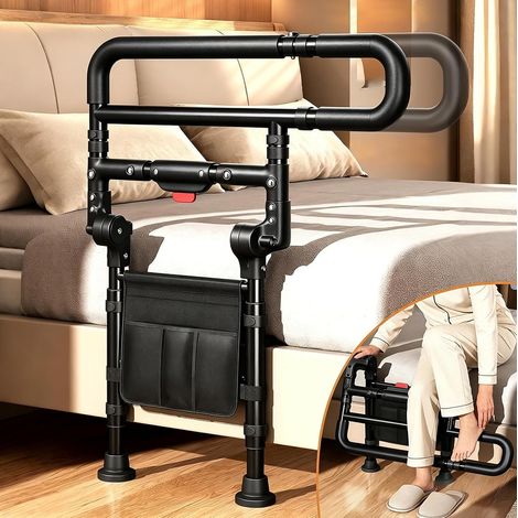 Barrière de lit pliable pour personnes âgées, avec poche, réglable en hauteur et en largeur, noir, aide au lever du lit pour personnes âgées, femmes enceintes et mobilité réduite (1/5)