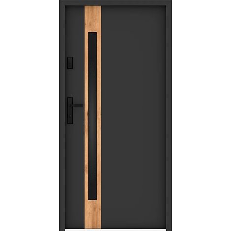 Porta d'ingresso apertura a destra H207 x L100 cm in acciaio pieno e inox vetro fumé antracite ed effetto rovere spessore 55 mm - BRAGA