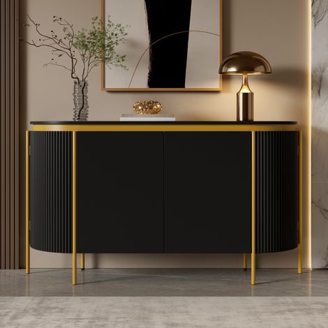 Credenza 140 cm madia ovale con 4 ante - mobile soggiorno in mdf cannellato e piedini in metallo - mobiletto contenitore moderno per salotto - nero e oro (1/5)