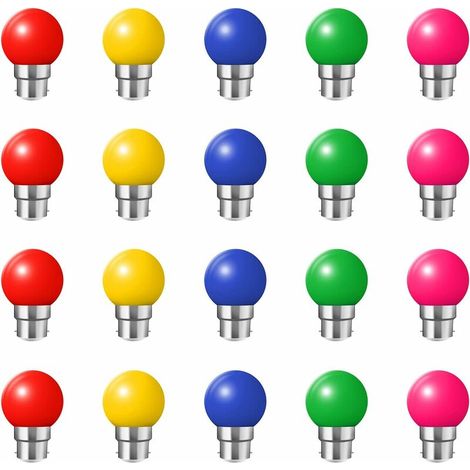 Ampoules à baïonnette B22-Paquet de 20 Ampoule à DEL Feston 1W,Ampoule (équivalent 10W) à économie d'énergie bleue Golfball, Petites ampoules de Noël BC Cap,Rouge, Jaune, rosa, verte, Bleu, Incassable