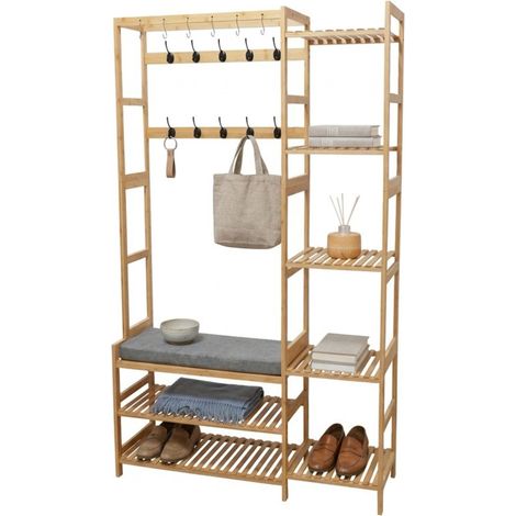 Relaxdays coat rack, bench, shoe shelf, 15 hooks, 5 shelves, 175x104x33 cm, bamboo, natural