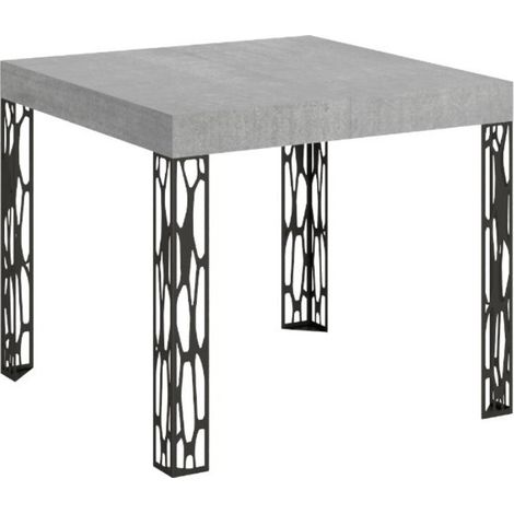 Petite table carrée 90/90 cm extensible 10 personnes 90 à 246 cm gris béton et pieds métal gris foncé Gisa (1/5)