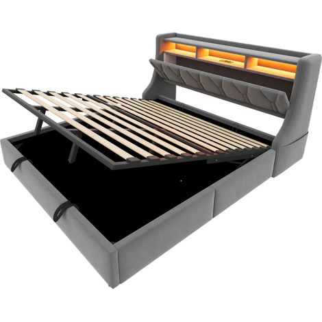 Cama canapé tapizada 180 x 200 cm de terciopelo gris con LED, enchufe y almacenaje (1/5)