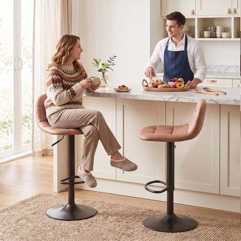 2 Chaises de Bar Similicuir, Style Vintage Industriel, Assise Pivotante 360°, Hauteur Ajustable, 40x41,5x76-98cm, Brun Foncé (1/5)