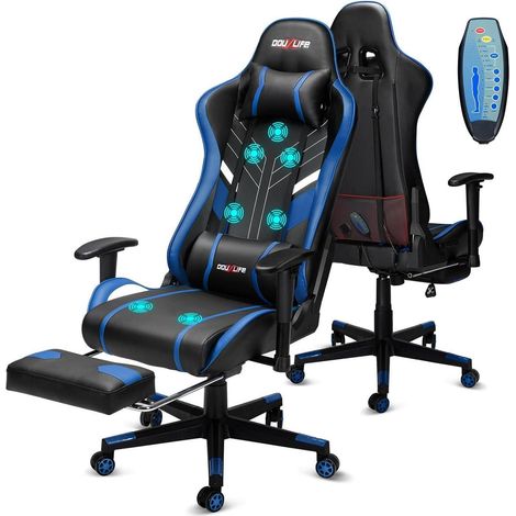 Gaming Stuhl 7PunktMassage Fußstütze 2DArmlehne 180kg Schwarz Blau (1/5)