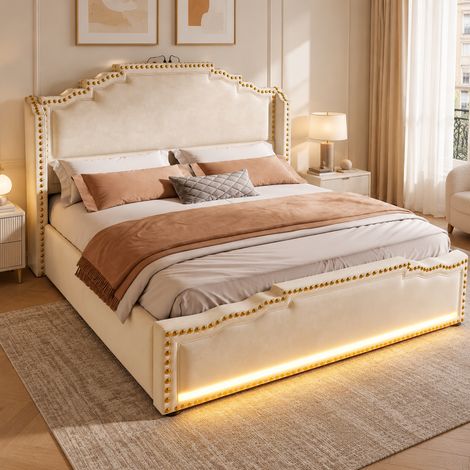 Lit double 140x200 cm rembourré avec 4 tiroirs de rangement, LED RGB, USB-C, tête de lit cloutée en velours—beige (1/5)