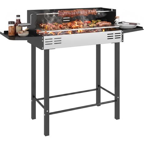 Barbecue à charbon avec grille réglable et tournebroche, 118 x 32 x 90 cm, noir et argent (1/5)