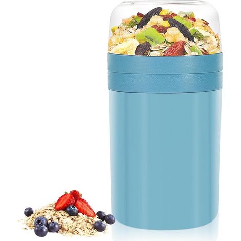 Vaso de yogur para llevar, Vaso de muesli 2 en 1 520 ml + 250 ml, Vaso de doble capa a prueba de fugas, Vaso reutilizable azul para el almuerzo (1/5)
