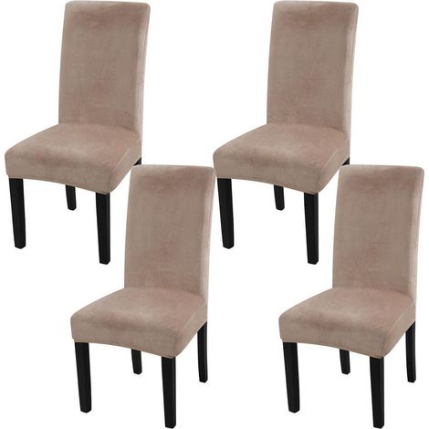 Stuhlhussen Samt 4er Set, Stretch Stuhlbezug Khaki, Waschbar, Universal für Esszimmer (1/5)