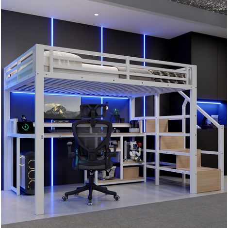 Hochbett 140x200 cm mit Leiterschrank, Ablagefach, USB und Typ C, LED Lichtleiste, Metall und MDF, Weiß (1/5)