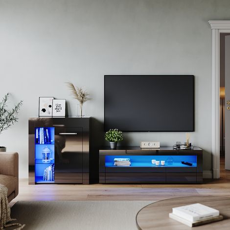 ELEGANT Living Room Set 1200mm TV Stand Display Cabinet Sideboard with RGB LED Lights Black Gloss Storage Unit Style 4 (1/5)