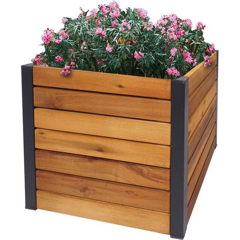 Bac à plantes HWC-L23 - bac à fleurs surélevé - Outdoor acacia bois certifié MVG aluminium - 32x34x34cm brun (1/4)