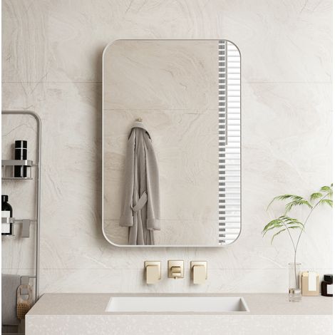 Mobile specchiera da bagno in metallo e vetro bianco, armadietto con ripiani regolabili (1/5)