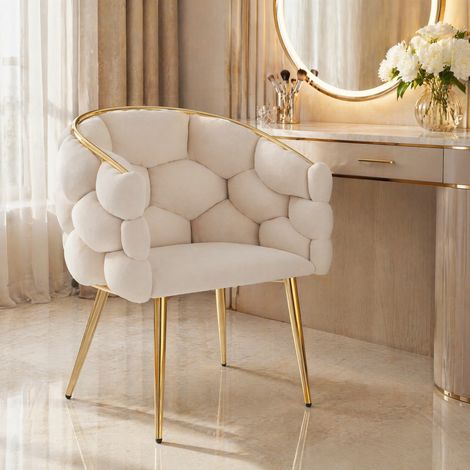 Lote de 4 sillas de comedor de terciopelo beige con patas y estructura doradas HAVRYA (1/5)