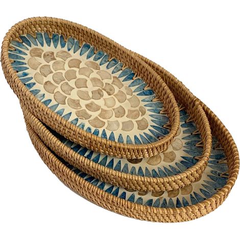 Plateau en rotin - Lot de 3 - Forme ovale décor coquillage tressé à la main pour fruits et thé (1/5)