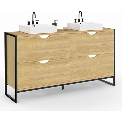 Idmarket – Meuble bas de salle de bain double vasque 120 cm – 4 tiroirs en bois et métal noir – Design industriel – À monter soi-même (1/5)