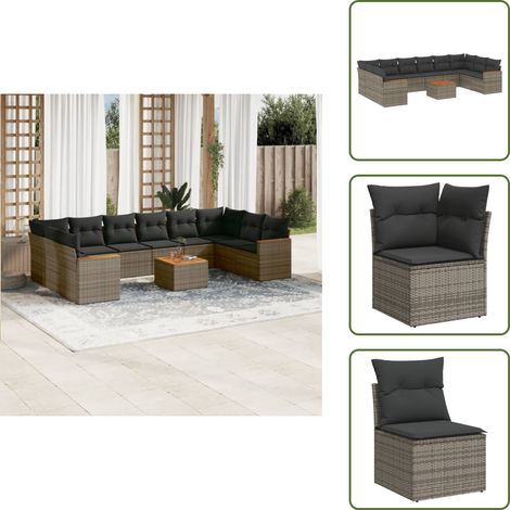 11-tlg. Garten-Sofagarnitur mit Kissen Grau Poly Rattan - Gartenmöbel Set - PE-Rattan Gartenmöbel - Outdoor Lounge - Esstisch - Sofasatz (1/5)